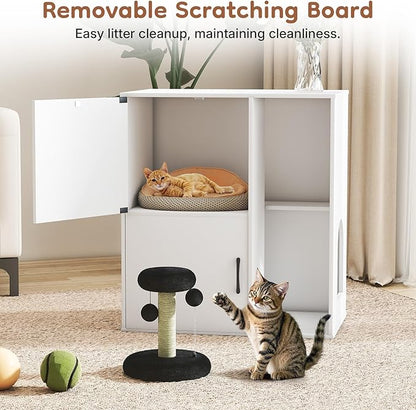 Rovibek Double Cat Litter Box Enclosure,Two Tier Hidden Litter Box Furniture for 2 Cats with Scratching Post and Storage, Dual Cat Litter Cabinet for 2 Litter Boxes, White