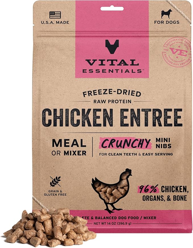 Vital Essentials Freeze Dried Dog Food, Raw Chicken Crunchy Mini Nibs | Complete Meal or Topper | 96% Chicken, Organs & Bone | Limited Ingredient, High Protein, Grain Free Dry Dog Food | 14 oz Bag