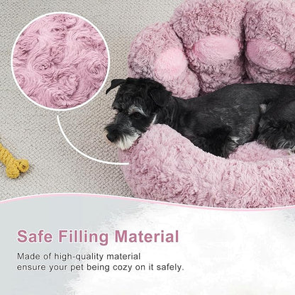 Jiupety Paw Shape Calming Pet Bed, Plush Faux Fur Donut Bed for Dogs & Cats, Machine Washable, Non-Slip Bottom, Medium (22"×22"×6"), Purple