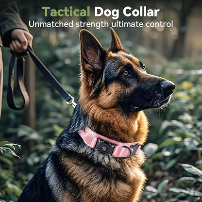 2026 Upgrade Waterproof AirTag Dog Collar, Military Tactical Dog Collar with AirTag Holder, Comfortable Control Handle and Metal Buckle, GPS Dog Collar Holder for Medium to Large Dogs (Pink, M)