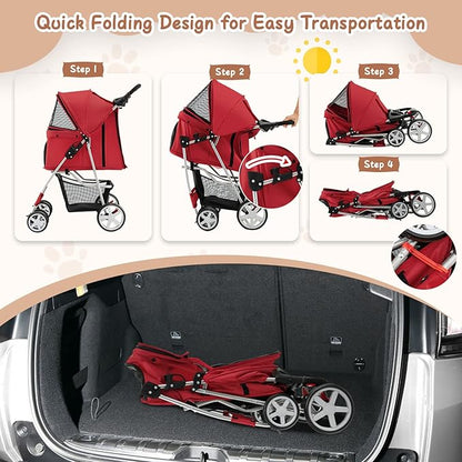 4 Wheels Dog Stroller, Foldable Pet Stroller for Small/Medium Dogs Cats, Cat Carrier with Storage Basket and Cup Holder, Pet Car Seat with Soft Pad, Red