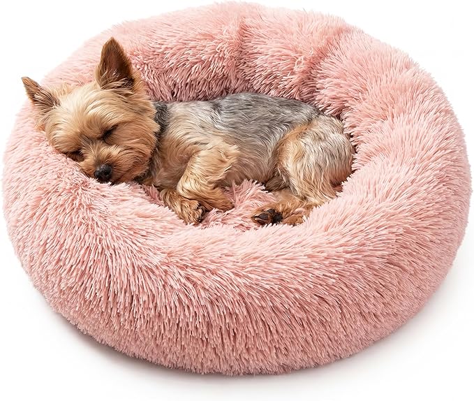 Tiny Dog Bed 15 Inch for Extra Small Dogs,Washable Puppy Bed,Soft Faux Fur Calming Donut Bed for Chihuahua Yorkie Maltese Pomeranian,Pink