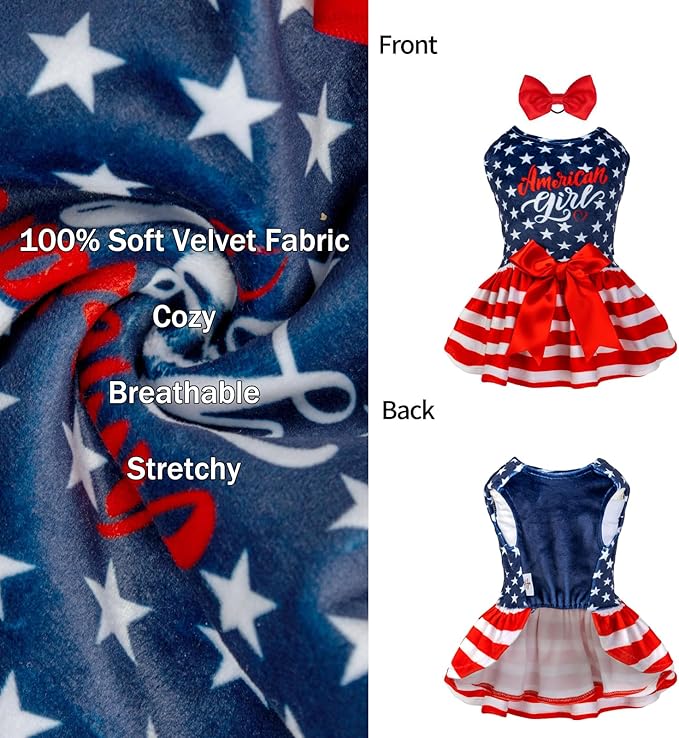 CuteBone Dog Dresses Velvet 4th of July Small Dogs Clothes Onesie Pet Apparel Girl Puppy Skirt with Bow Hair Rope CVA39S-D
