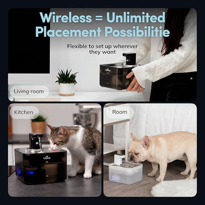 Cat Water Fountain Cordless, 88oz/2.6L Wireless Pet Water Fountains for Cats Indoor, Battery Operated Cat Drinking Fountain with Motion Sensor, Ultra Quiet Pump, BPA-Free, Black