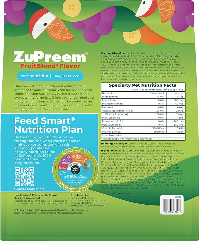 ZuPreem FruitBlend Bird Pellets, Daily Bird Food for Cockatiel, Lovebird, Quaker, Small Conure, Lorikeet, Core Nutrition, Cockatiel Pellets, Conure Food (M, 2 lbs)