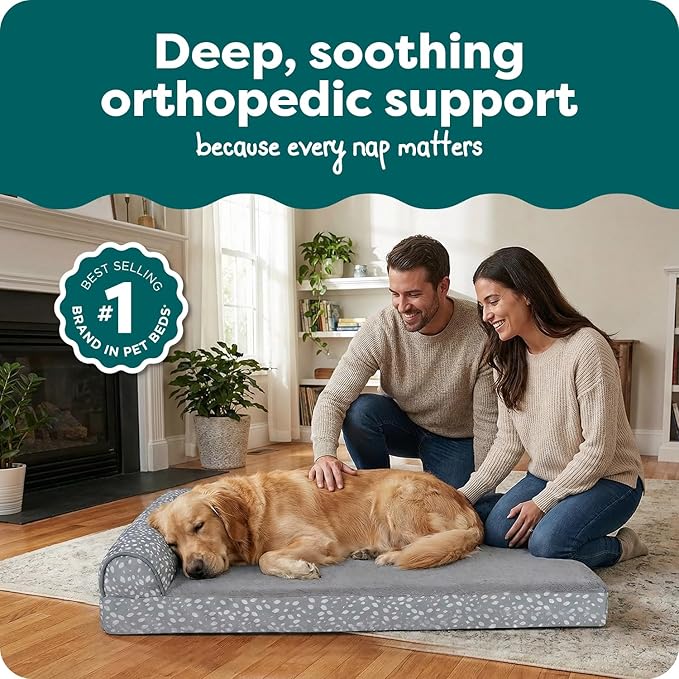 FurHaven Orthopedic Dog Bed for Large Dogs, L-Shaped Chaise Mattress, Egg Crate with a Solid Orthopedic Foam Base for Joint Support, Removable, Washable Cover, Jumbo XL, Plush & Velvet, Gray Almonds