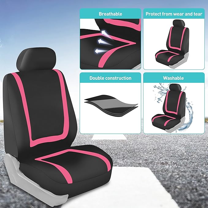 FH Group Car Seat Covers Front Set in Cloth - Car Seat Covers for Low Back Car Seats with Removable Headrest, Universal Fit,Automotive Seat Covers,Washable Car SeatCover for SUV,Sedan,Van Pink