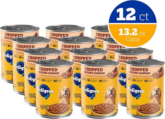 Pedigree Chopped Ground Dinner Adult Soft Wet Dog Food Filet Mignon & Bacon Dinner, Canned Dog Food, 13.2 oz. Cans (12 Count, Pack of 1)