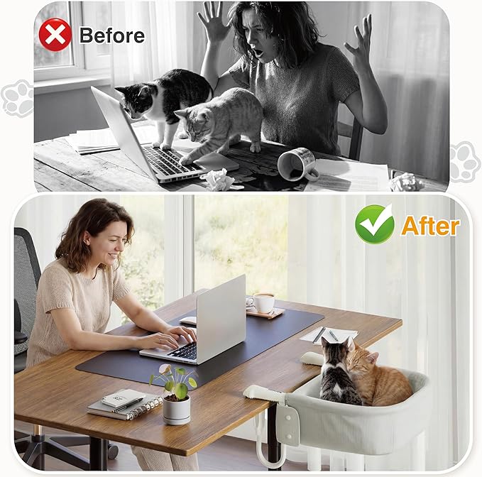 Cat Desk Bed for Large Cats 50 lbs Heavy Duty Cat Bed for Desk Attachment with Paw Design Extra-Sturdy Dog Chair Dual-Sided Mat Waterproof Easy Assembly for Gaming Desk Kitchen Island White