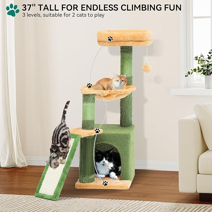 YITAHOME 37in Tall Cactus Cat Tree Tower with Self-Grooming Brush, Cute Cat Climbing Tower for Indoor Cats with Cat Condo, Plush Platform, Hammock, Sisal Scratching Posts, Dangling Ball