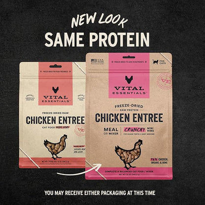 Vital Essentials Freeze Dried Cat Food, Raw Chicken Crunchy Nibs Complete Meal or Mixer High Protein, Low Carb, Grain Free, Dry Cat Food 12 oz , (Pack of 2)