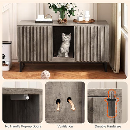 Double Litter Box Enclosure,Modern Cat Litter Box Enclosure for 2 Cats, Hidden Litter Box with Scratch Pad, Cat Washroom Pet House End Table, Entryway Bench for Livingroom (Gray)