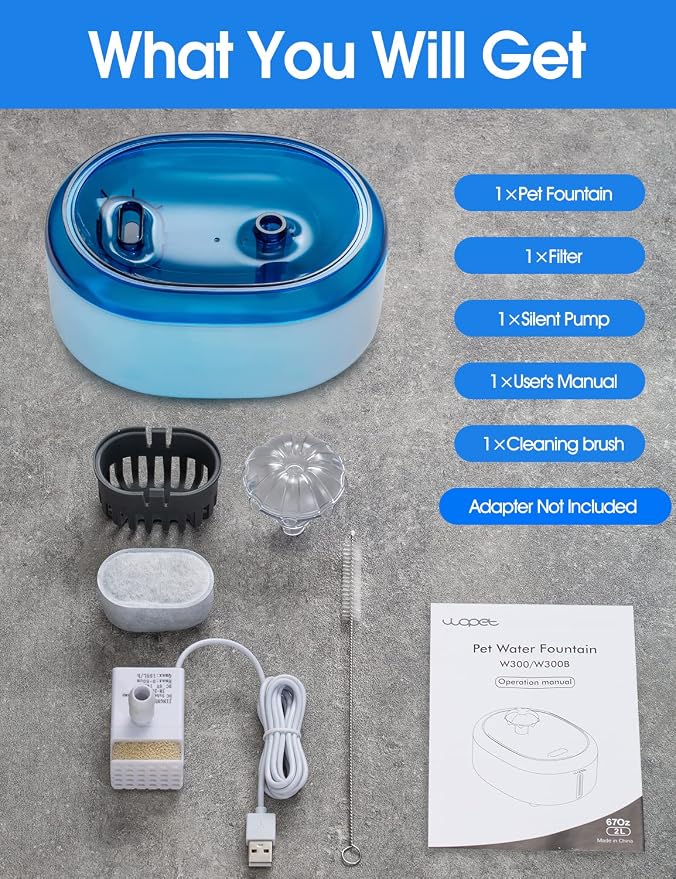 WOPET Cat Water Fountain, 2L Cat Fountain for Drinking- Pet Water Fountain Inside -Automatic Pet Water Dispenser for Cats & Small Dogs, Ultra Quiet Pump, BPA-Free, Visible Water Level