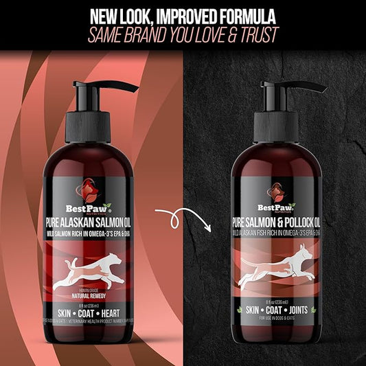 Best Paw Nutrition Wild Alaskan Salmon & Pollock Oil for Cats & Dogs – Omega 3 Fish Oil Liquid Pump with EPA DHA – Skin, Coat & Joint Support – Helps Shedding & Itchy Skin – 8 oz