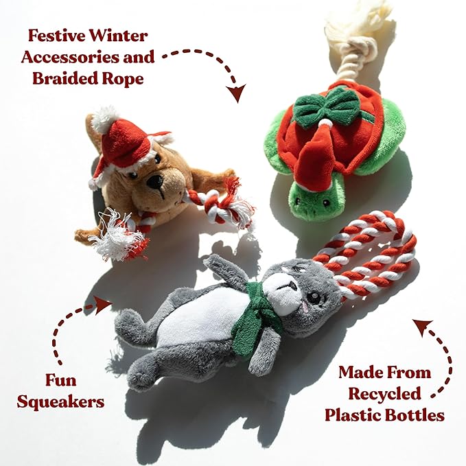 Dog Toys | Winter Plush Toy Bundle - Walrus, Hare, Turtle Stuffed Animal for Dogs (Value 3-Pack) | Small Eco Friendly Toy - Easy to Clean and Made from Non Toxic Materials