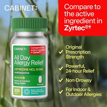 Cabinet: Cetirizine Hcl 10mg Allergy Relief Tablets | Non-Drowsy Antihistamine for 24-Hour Indoor & Outdoor (Aluminum - 300 Count)