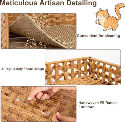 Handwoven Rattan Cat Litter Box Enclosure Furniture - Hidden Cabinet with Odor-Control Mat, Anti-Spill Fence & Secure S-Hooks for Living Room/Bedroom, 18.2"x18.2"x24.5" (Natural)