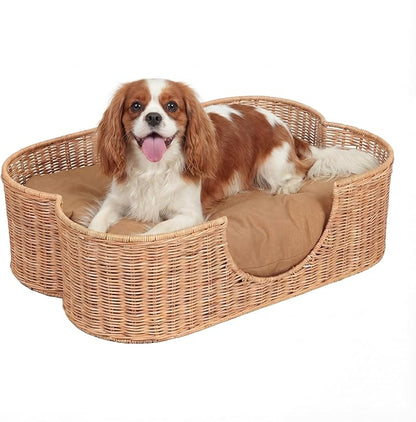 DBD1002B Scallop Handwoven Water Hyacinth Pet Bed with Machine Washable Cushion, 27" x 18.25" Wicker Cat and Dog Bed for Small to Medium Pets, Boho Tropical Style Basket, Light Brown
