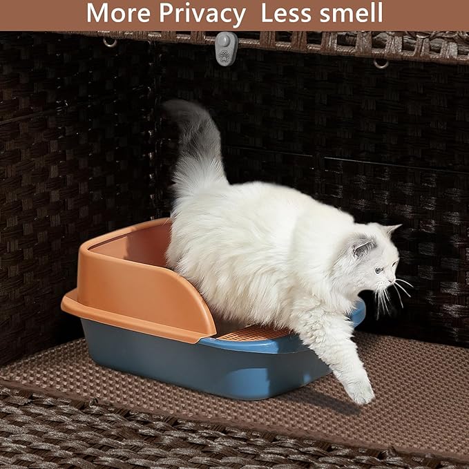 Cat Litter Box Enclosure Furniture Hidden, Pet House Litter Box Furniture for Large Cats, Handwoven Rattan with Door Cat Washroom Box, Indoor Cat House Storage with Soft Litter Mat, Brown