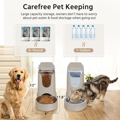 2 Pack Automatic Cat Feeder and Stainless Steel Water Dispenser, Gravity Dog Waterer Set Food Feeder and Waterer Set for Small Medium Kitten Puppy Pets(1 Gallon x 2, Brown)