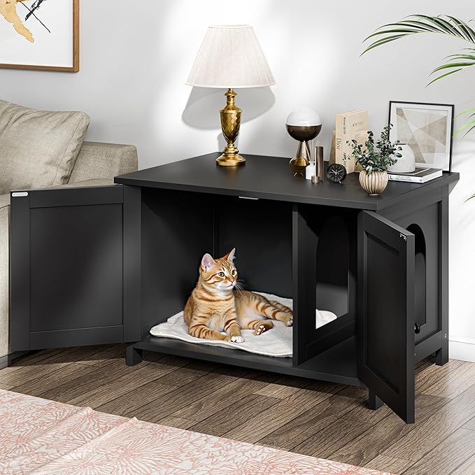 Shintenchi Cat Littler Box Enclosure, Litter Box Furniture Hidden with Removable Divider, Cat House with End Table, Black, 31.5 inch