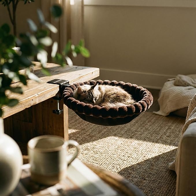 Cat Desk Hammock Bed Foldable Space Saving Hanging Cat Bed for Desk Table, Includes 2 Replaceable Ultra-Soft Faux Rabbit Fur Pads for All Seasons, Clamp Mount Supports up to 40lbs, Removable Covers