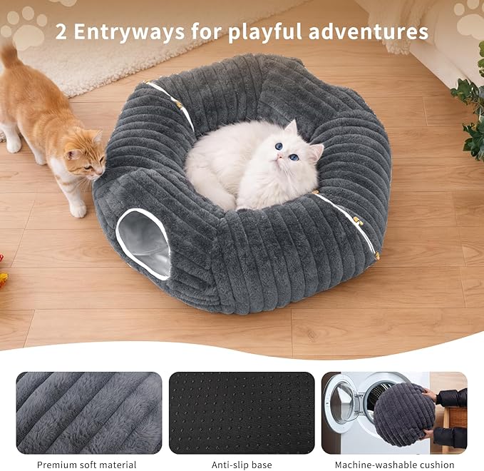 Dogpals Ultra-Soft Cat Tunnel Bed - Soft Washable Cushion, Peekaboo Hideaway Cave for Indoor Cats, Kittens, Puppies, and Rabbits - Deluxe Upgraded with Luxurious Striped Hare-Feel Fabric (Deep Grey)