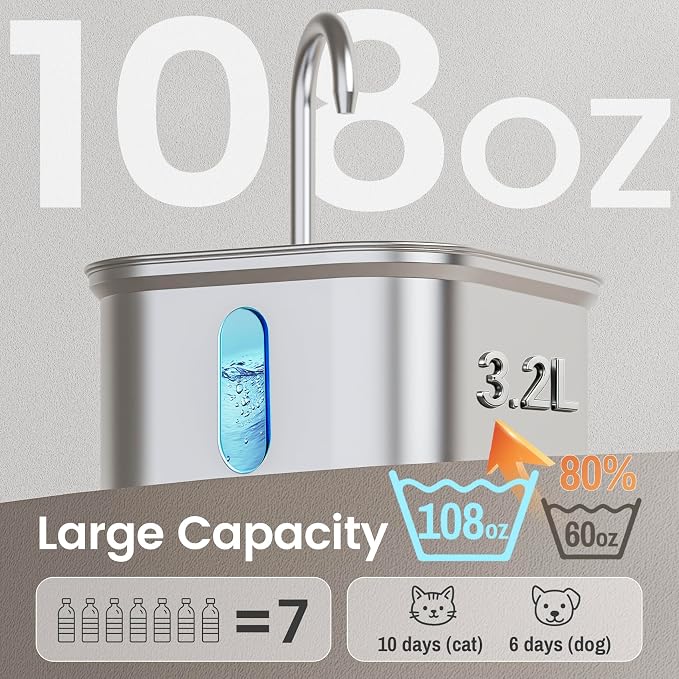 Cat Water Fountain Stainless Steel, 108oz/3.2L with 1 Filter | Auto Shut Off, Quiet Pump, Water Level Indicator, Dry-Run Protection, Large Square Pet Water Dispenser for Cats and Dogs