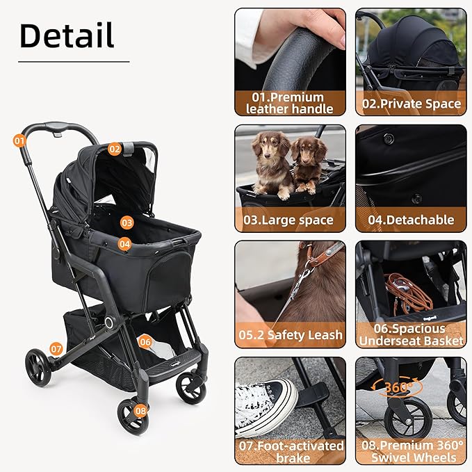 Upgraded Small/Medium Pet Stroller - Dogs & Cats up to 66 lbs, Folds for Storage and Features a Safety Foot Brake, 3-in-1 Foldable Portable Travel Carrier for 2 Small to Medium Pets (Black)