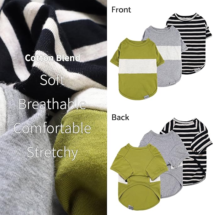 Fitwarm 3 Pack Color Block Striped Dog Shirt, Summer Dog Clothes for Small Dogs, Breathable Lightweight Pet Tshirt with Sleeves, Cat Outfit, Oliver Green, Grey, Black, Small