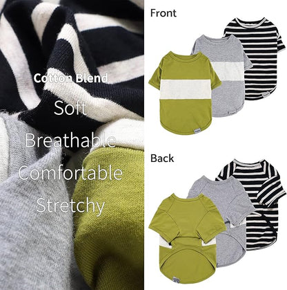Fitwarm 3 Pack Color Block Striped Dog Shirt, Summer Dog Clothes for Small Dogs, Breathable Lightweight Pet Tshirt with Sleeves, Cat Outfit, Oliver Green, Grey, Black, Small