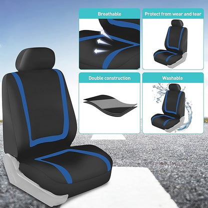 FH Group Car Seat Covers Full Set Cloth - Universal Fit Automotive Seat Covers, Low Back Front Seat Covers, Solid Back Seat Cover, Washable Car Seat Cover for SUV, Sedan and Van Blue
