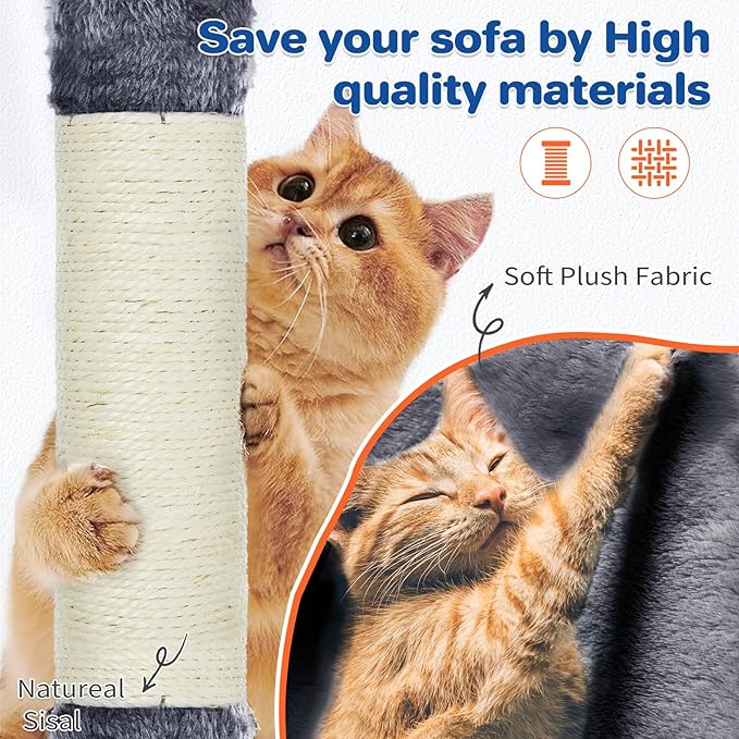 ABCPET Cat Tree Tower 63in Multi-Level Cat Tower for Indoor Cats with Sisal Scratching Posts, Condo, Hammock, Dangling Ball and Extended Platform for Cats to Play, Dark Grey