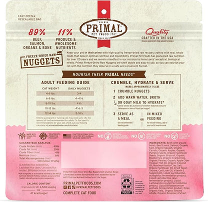 Primal Freeze Dried Raw Cat Food Nuggets Beef & Salmon, Complete & Balanced Meal or Topper, Premium, Healthy, Grain Free, High Protein Raw Cat Food with Probiotics (5.5 oz)
