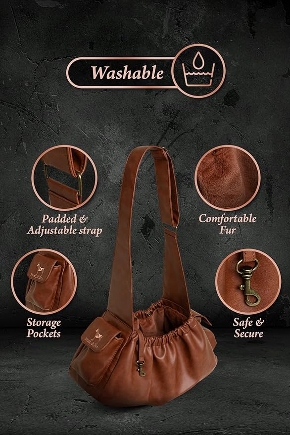 Noah & Paw Dog Sling Carrier for Small Dogs 5-18lb, Dog Sling for Small Dogs and Cats, Dog Carrier with Adjustable Padded Strap, Vegan Leather Lined with Fur, Double Safety Feature, Machine Washable