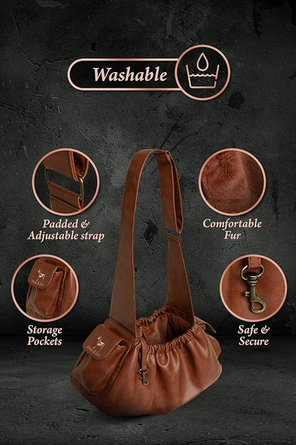 Noah & Paw Dog Sling Carrier for Small Dogs 5-18lb, Dog Sling for Small Dogs and Cats, Dog Carrier with Adjustable Padded Strap, Vegan Leather Lined with Fur, Double Safety Feature, Machine Washable