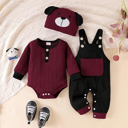 FOCUTEBB Baby Boy Clothes Cute Long Sleeve Romper Infant Pocket Overalls Adjustable Suspender Pants Set 0-18 Months