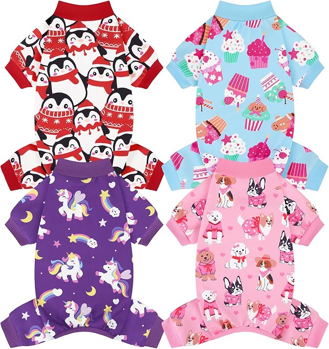XPUDAC 4 Pack Dog Pajamas Cute Soft Dog Clothes for Small Medium Dogs Boy Girl Stretchy Pjs Jammies Outfit Puppy Onesies, X-Small