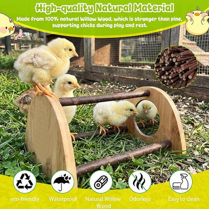 Mini Chick Perch with Mirror, Natural Willow Wood Roosting Bar for Coop&Brooder, Anti-Slip Training Perch for Baby Chicks, El Pollitos, La Pollita, Easy to Assemble&Clean, Fun Toys for Chick