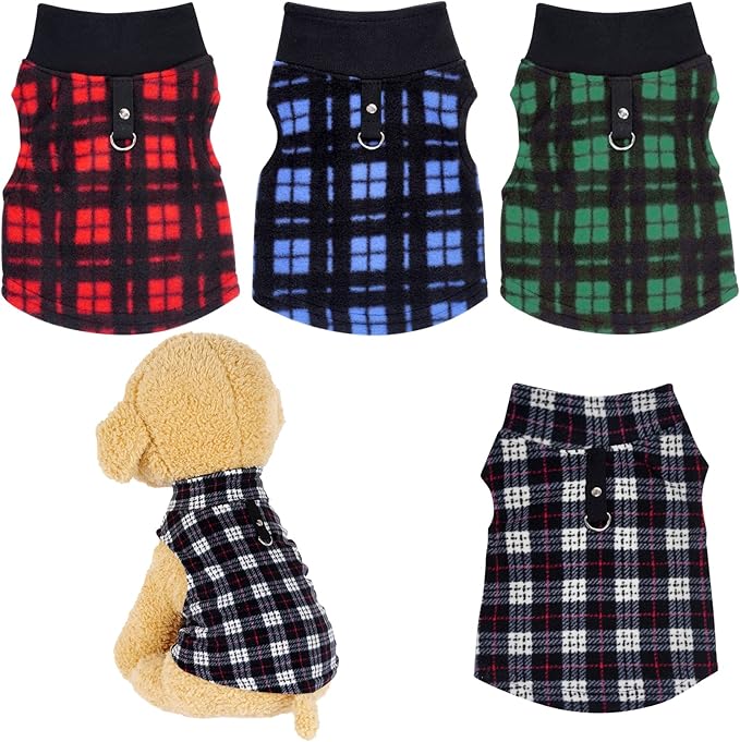 Rbenxia 4 Buffalo Plaid Dog Sweaters with Leash Ring Soft Fleece Vest Pullover Warm Jacket Pet Clothes Winter Outfits for Small Puppy Cat Pets (Large)
