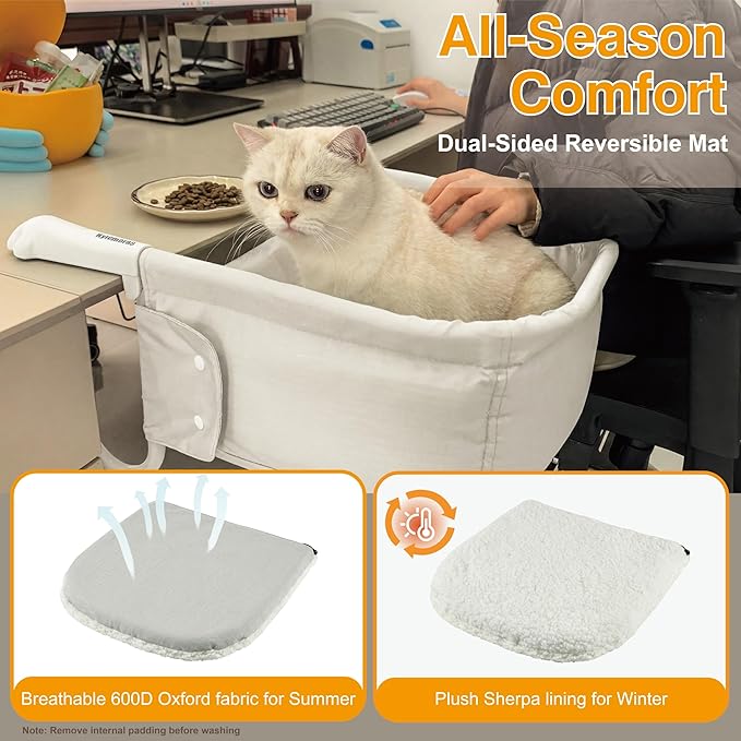 Cat Desk Bed for Large Cats 50 lbs Heavy Duty Cat Bed for Desk Attachment with Paw Design Extra-Sturdy Dog Chair Dual-Sided Mat Waterproof Easy Assembly for Gaming Desk Kitchen Island White