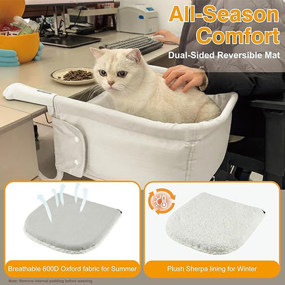Cat Desk Bed for Large Cats 50 lbs Heavy Duty Cat Bed for Desk Attachment with Paw Design Extra-Sturdy Dog Chair Dual-Sided Mat Waterproof Easy Assembly for Gaming Desk Kitchen Island White