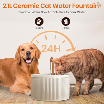 Ceramic Cat Water Fountain - 2.1L/71oz - All-Ceramic Body & Pure Copper Water Spout - Non-Toxic - Automatic Pet Drinking Fountain Indoor with Ultra-Quiet Pump, and 3Pcs Filter & Sponge (White)