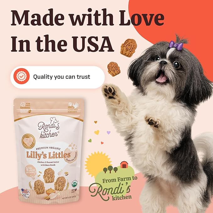 Rondi's Kitchen Lilly's Littles Organic Tender Dog Treats - Natural Doggie Cookie for Small Dogs, Puppy, Senior, Training - Human Grade Superfood Biscuit with Bone Broth - Chicken & Peanut Butter