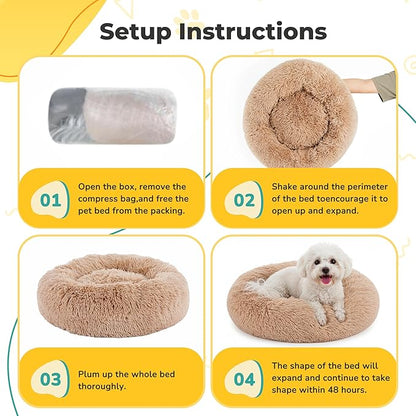 Soft Round Dog & Cat Bed, Anti-Anxiety Donut Cuddler with Anti-Slip Bottom Cozy Fluffy Pet Bed for Medium Large Dogs and Cats, 37inch, Brown