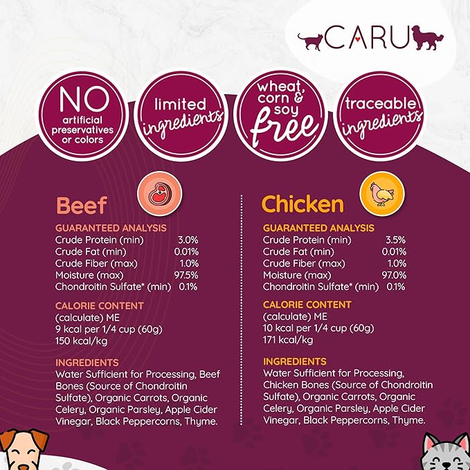 Caru Free Range Chicken Bone Broth For Dogs And Cats, Moistens Dry Food Or Pour Over Freeze Dried Raw Food, Grain And Gluten Free, Non-Gmo Ingredients (1.1 Lbs)