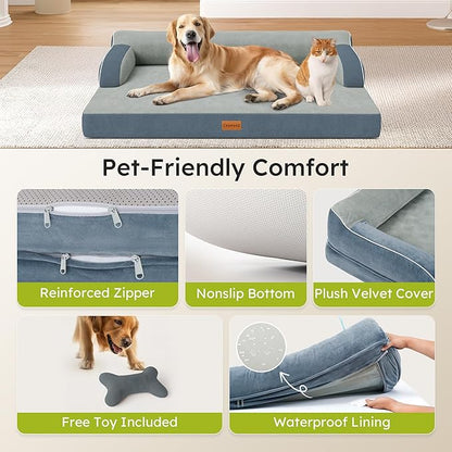 CWAWZ Large Orthopedic Dog Bed, Pet Bed Large Size Dog, Dual-Sided Cooling Beds with Memory Foam Washable Cover Nonslip Bottom, Waterproof Pet Beds with Bolsters, Dark Grey