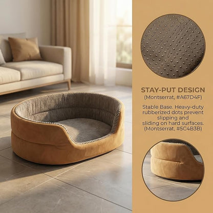 Small Dog Bed Cat Bed 16x20 Inch, Calming Pet Bed for Puppies, Teacup Dogs & Kittens, Half-Enclosed Open-Top Velvet Anti-Anxiety Bed, Machine Washable Cozy Snuggle Bed (Camel)