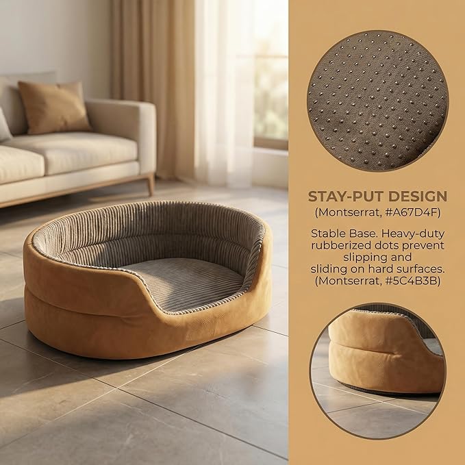 Medium Dog Bed Cat Bed 18x26 Inch, Calming Pet Bed for Small Dogs & Cats, Half-Enclosed Open-Top Velvet Anti-Anxiety Bed, Machine Washable Cozy Snuggle Bed (Camel)