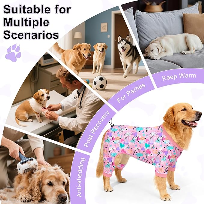 Bienbee Dog Pajamas, 4 Pack Dog Recovery Suit Shedding Suit Cute Soft Puppy Clothes Dogs Pjs Onesies Jammies Adjustable Breathable & Stretchy Clothes for Small Medium Large Dogs Girl Boy Puppy-3XL